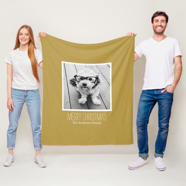 Modern Gold Merry Christmas One Photo Fleece Blanket (In Situ)