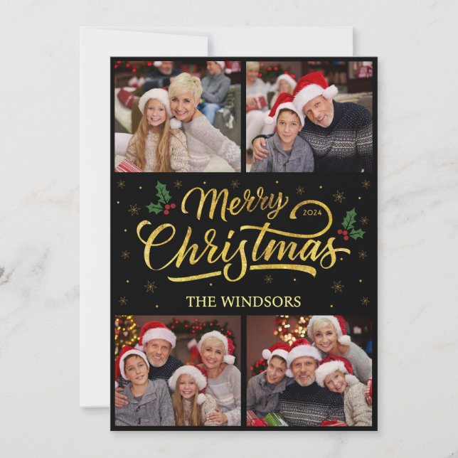 Modern Gold Merry Christmas Photo Card Collage  (Front)
