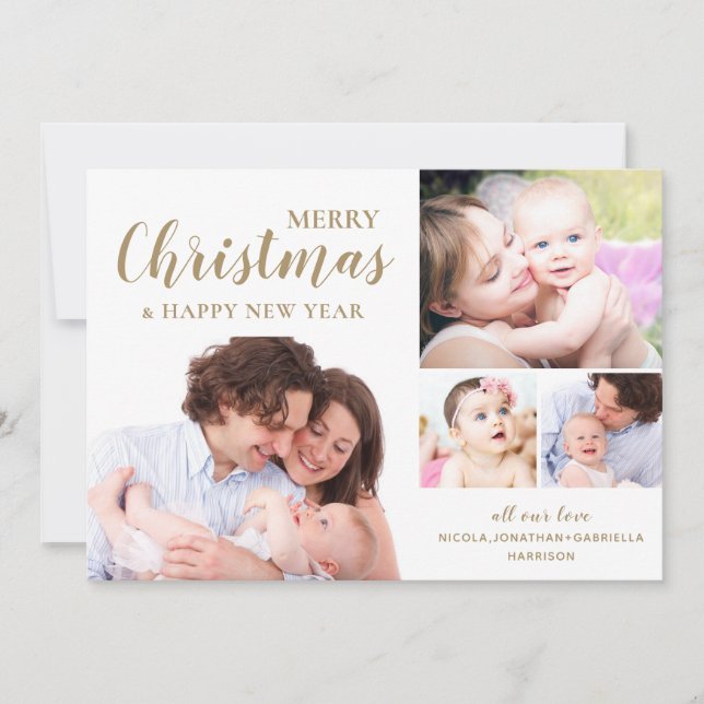 Modern Gold Merry Christmas Photo Collage  Holiday Card (Front)