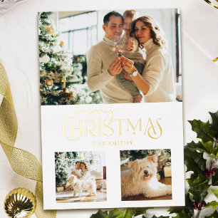 Modern Gold Merry Christmas Typography 3-Photo Foil Holiday Card