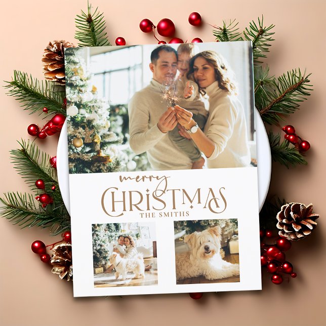 Modern Gold Merry Christmas Typography 3-Photo Holiday Card (Creator Uploaded)