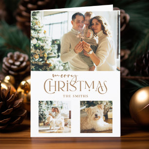 Modern Gold Merry Christmas Typography 3-Photo Holiday Card