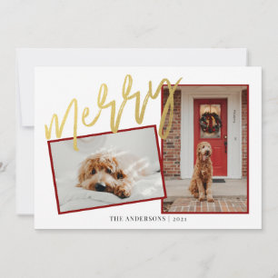 Modern Gold Merry Script Photo Holiday Card