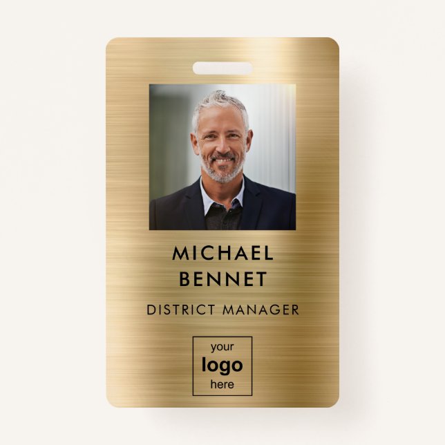 Modern Gold Metal Employee Photo ID Badge (Front)