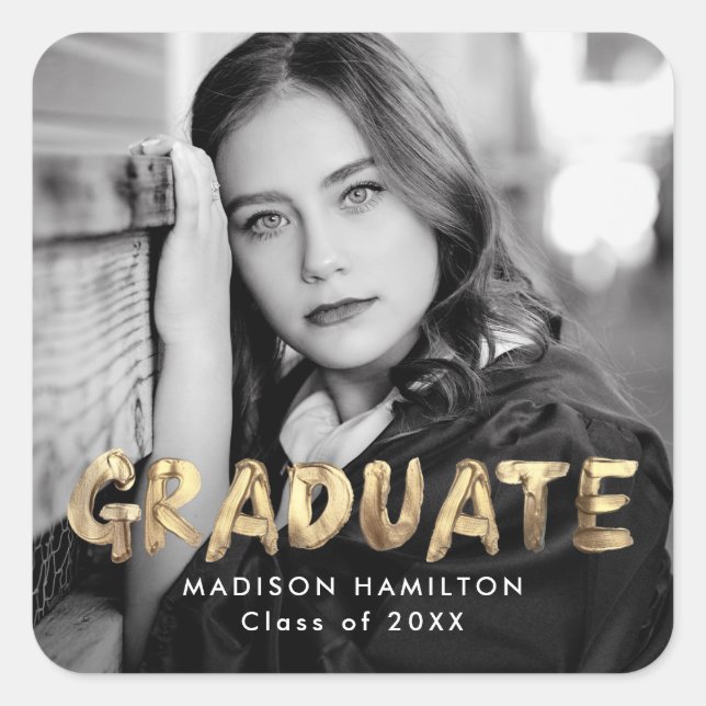 Modern Gold Metallic Photo Graduation Square Sticker (Front)