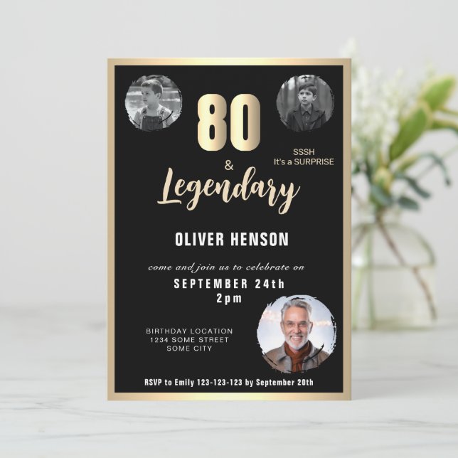 Modern Gold Metallic Surprise 80th Birthday  Invitation (Standing Front)