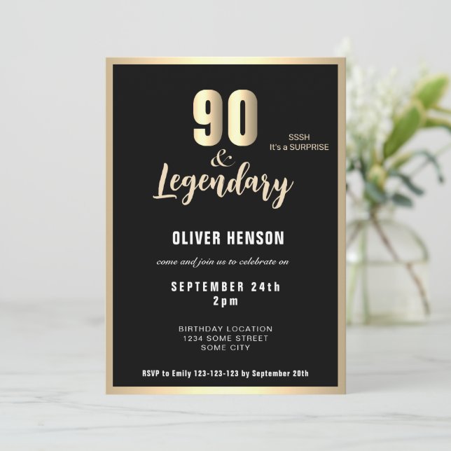 Modern Gold Metallic Surprise 90th Birthday  Invitation (Standing Front)