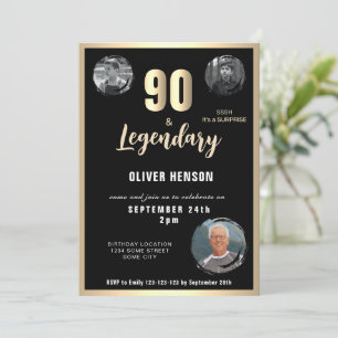 Modern Gold Metallic Surprise 90th Birthday Invitation