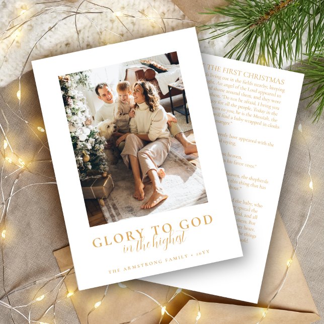 Modern Gold Minimalist Religious Christmas Photo Holiday Card (Modern, religious, faith-based Christmas card for Catholics and Christians in gold and white.)