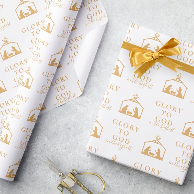 Modern Gold Minimalist Religious Christmas Wrapping Paper (Religious Christmas gift wrap in gold and white with nativity and Bible verse)