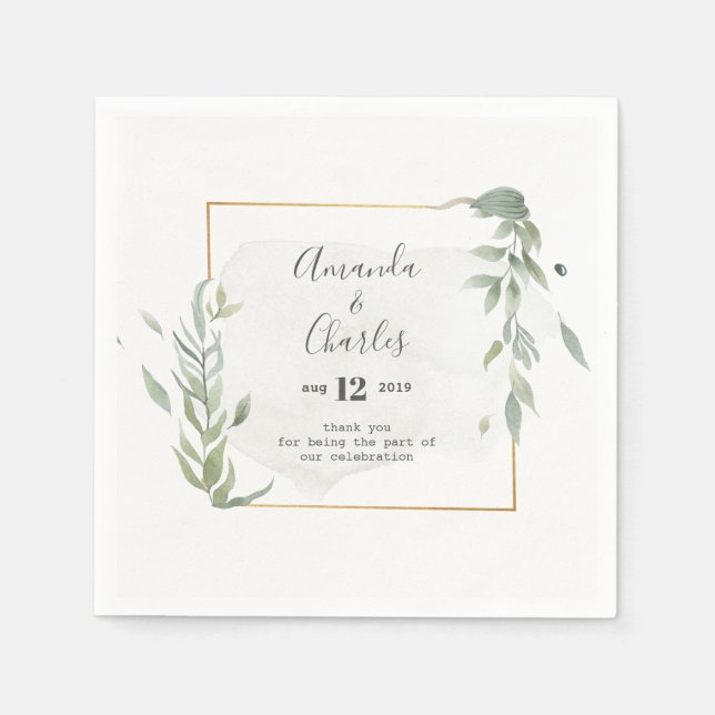 Modern Gold & Mint-Green Foliage Frame Napkin (Front)