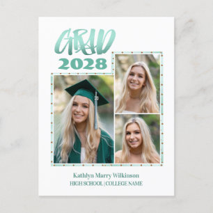 Modern Gold Mint Script 3 Photo Graduation  Announcement Postcard