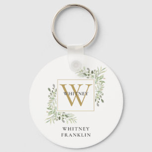 Modern Gold Monogram Elegant Greenery Key Ring