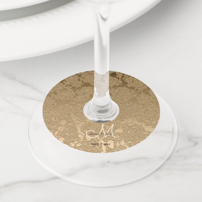 Modern Gold Monogram Elegant Wedding Wine Glass Tag (Close Up)