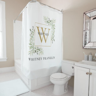 Modern Gold Monogram Eucalyptus Greenery Shower Curtain