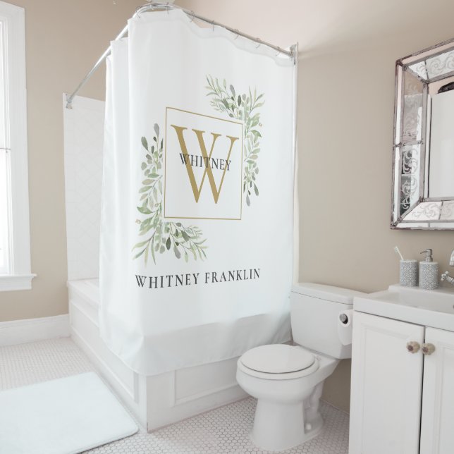 Modern Gold Monogram Eucalyptus Greenery Shower Curtain (In Situ)