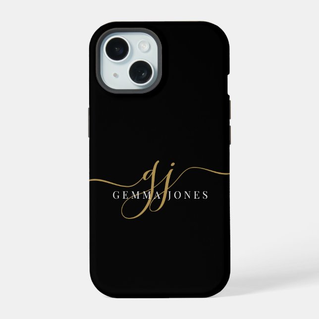 Modern Gold Monogram Feminine Script Name Black iPhone 15 Case (Back)