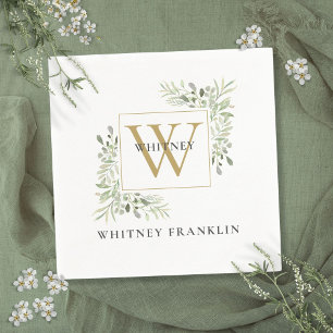 Modern Gold Monogram Greenery Eucalyptus Napkins