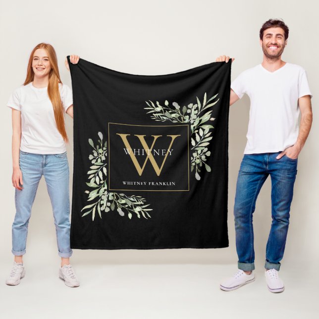 Modern Gold Monogram Greenery Floral Black Fleece Blanket (In Situ)
