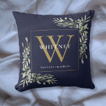 Modern Gold Monogram Greenery Navy Blue Cushion<br><div class="desc">Elegant watercolor greenery monogram name throw pillow featuring a gold monogram initial on a navy blue background. Designed by Thisisnotme©</div>