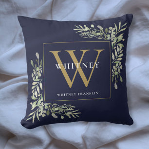 Modern Gold Monogram Greenery Navy Blue Cushion