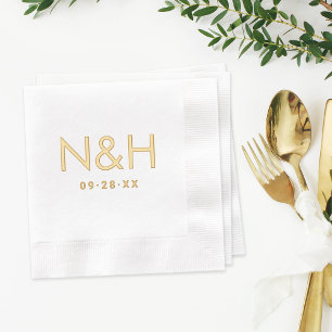 Modern Gold Monogram Initials Date Wedding Foil Napkins