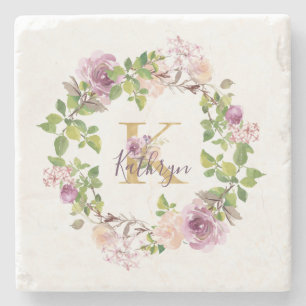 Modern Gold Monogram K Watercolor Floral Wreath Stone Coaster