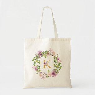 Modern Gold Monogram K Watercolor Floral Wreath Tote Bag