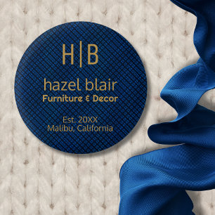 Modern Gold Monogram Logo Blue Squares Pattern 3 Cm Round Badge