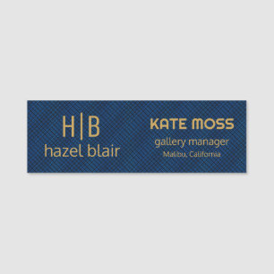 Modern Gold Monogram Logo Blue Squares Pattern Name Tag