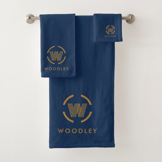 Modern Gold Monogram Logo Navy Blue Bath Towel Set (Insitu)