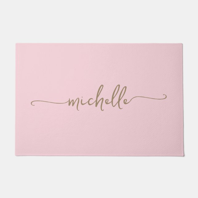 Modern Gold Monogram Name Script Blush Pink  Doormat (Front)