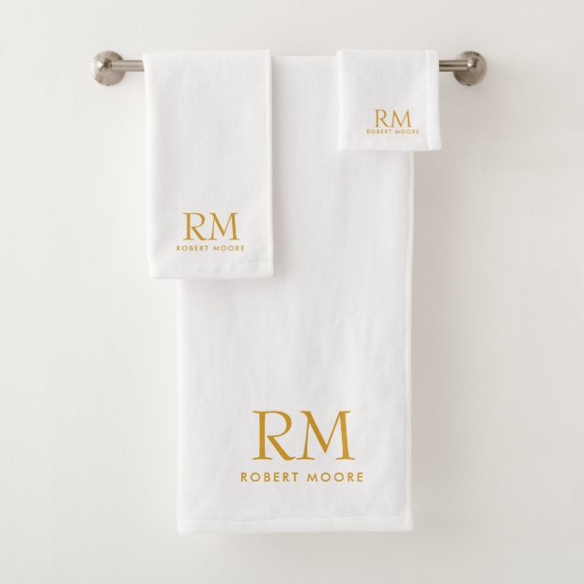 Modern Gold Monogram On White Bath Towel Set (Insitu)