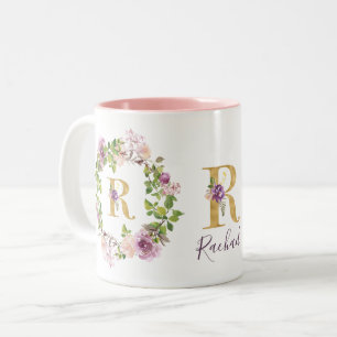 Modern Gold Monogram R Watercolor Floral Wreath Two-Tone Coffee Mug