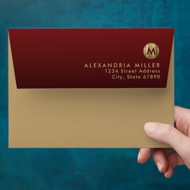 Modern Gold Monogram Red Return Address Envelope (Hand)