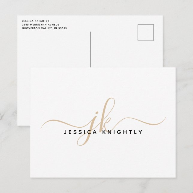 Modern Gold Monogram Script Initials Minimalist Postcard (Front/Back)