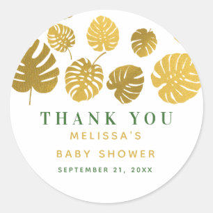Modern Gold Monstera Leaves Baby Shower Classic Round Sticker
