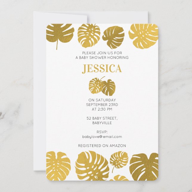 Modern Gold Monstera Leaves Baby Shower  Invitation (Front)