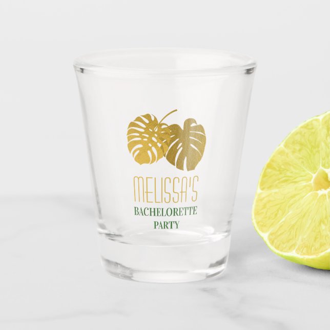 Modern Gold Monstera Leaves Bachelorette Party Shot Glass (Front)