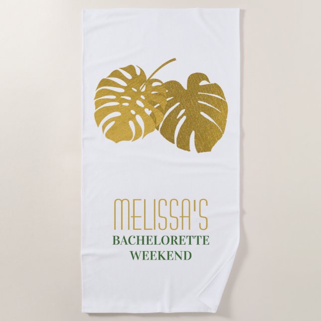 Modern Gold Monstera Leaves Bachelorette Weekend  Beach Towel (Front)