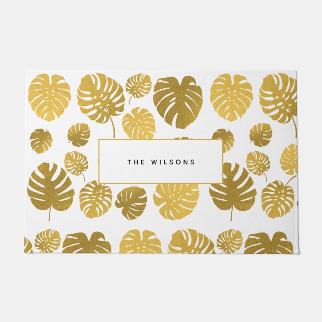 Modern Gold Monstera Tropical Leaves Family Doormat (Front)