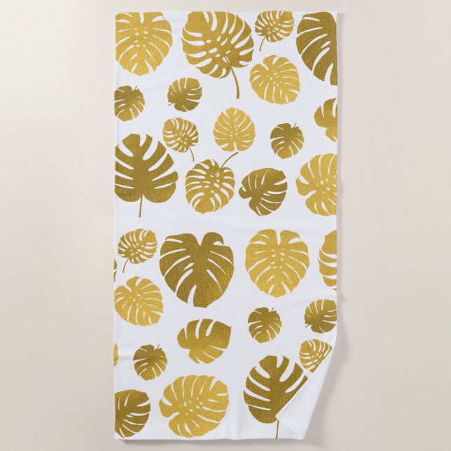 Modern Gold Monstera Tropical Leaves Pattern Beach Towel (Front)