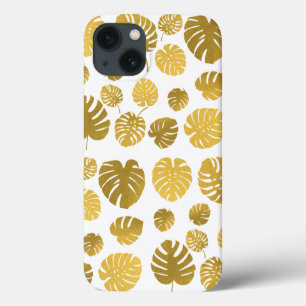 Modern Gold Monstera Tropical Leaves Pattern iPhone 13 Case