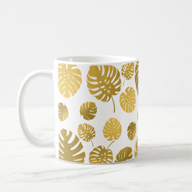 Modern Gold Monstera Tropical Leaves Pattern Coffee Mug (Left)