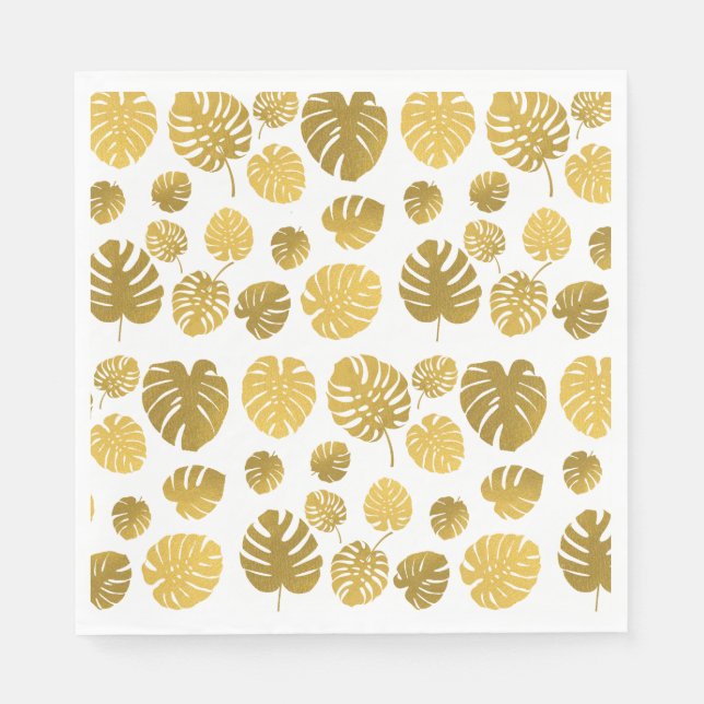 Modern Gold Monstera Tropical Leaves Pattern  Napkin (Front)