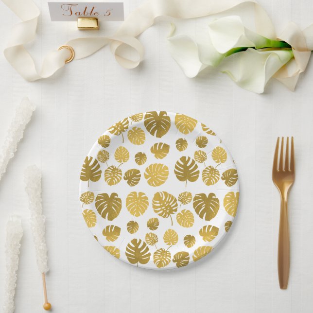 Modern Gold Monstera Tropical Leaves Pattern Paper Plate (Wedding)