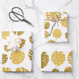 Modern Gold Monstera Tropical Leaves Pattern Wrapping Paper Sheet