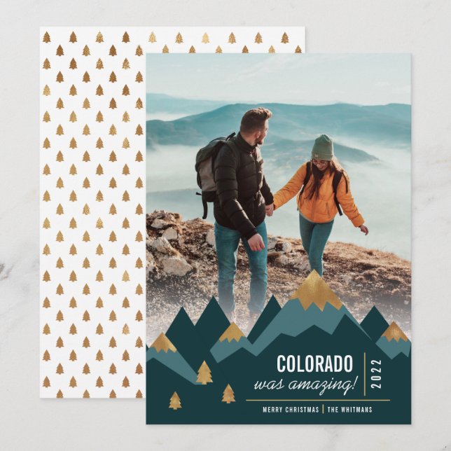 Modern Gold Mountains Trip Photo Christmas Holiday Card (Front/Back)
