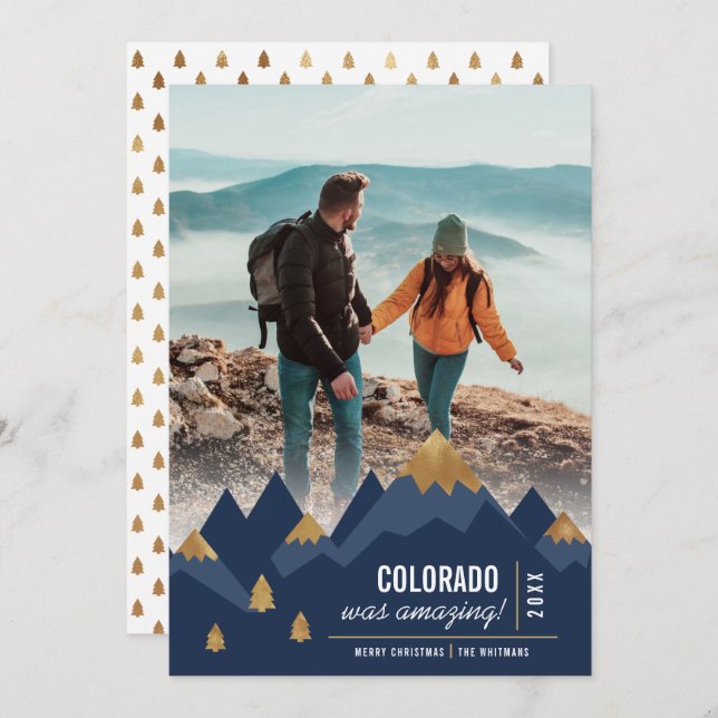 Modern Gold Mountains Trip Photo Christmas Holiday Card (Front/Back)