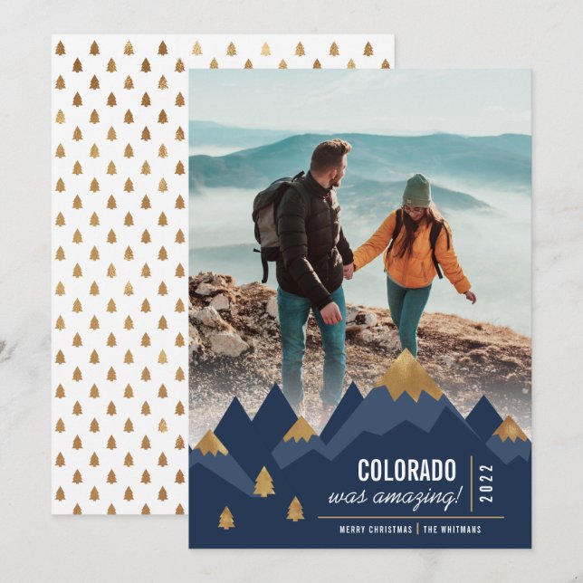 Modern Gold Mountains Trip Photo Christmas Holiday Card (Front/Back)